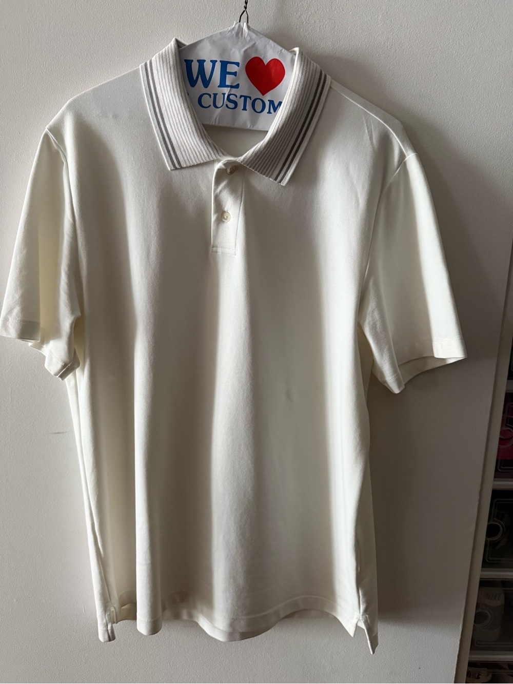 Theory Classic Men's Polo Shirt in Cream with Striped Collar size L